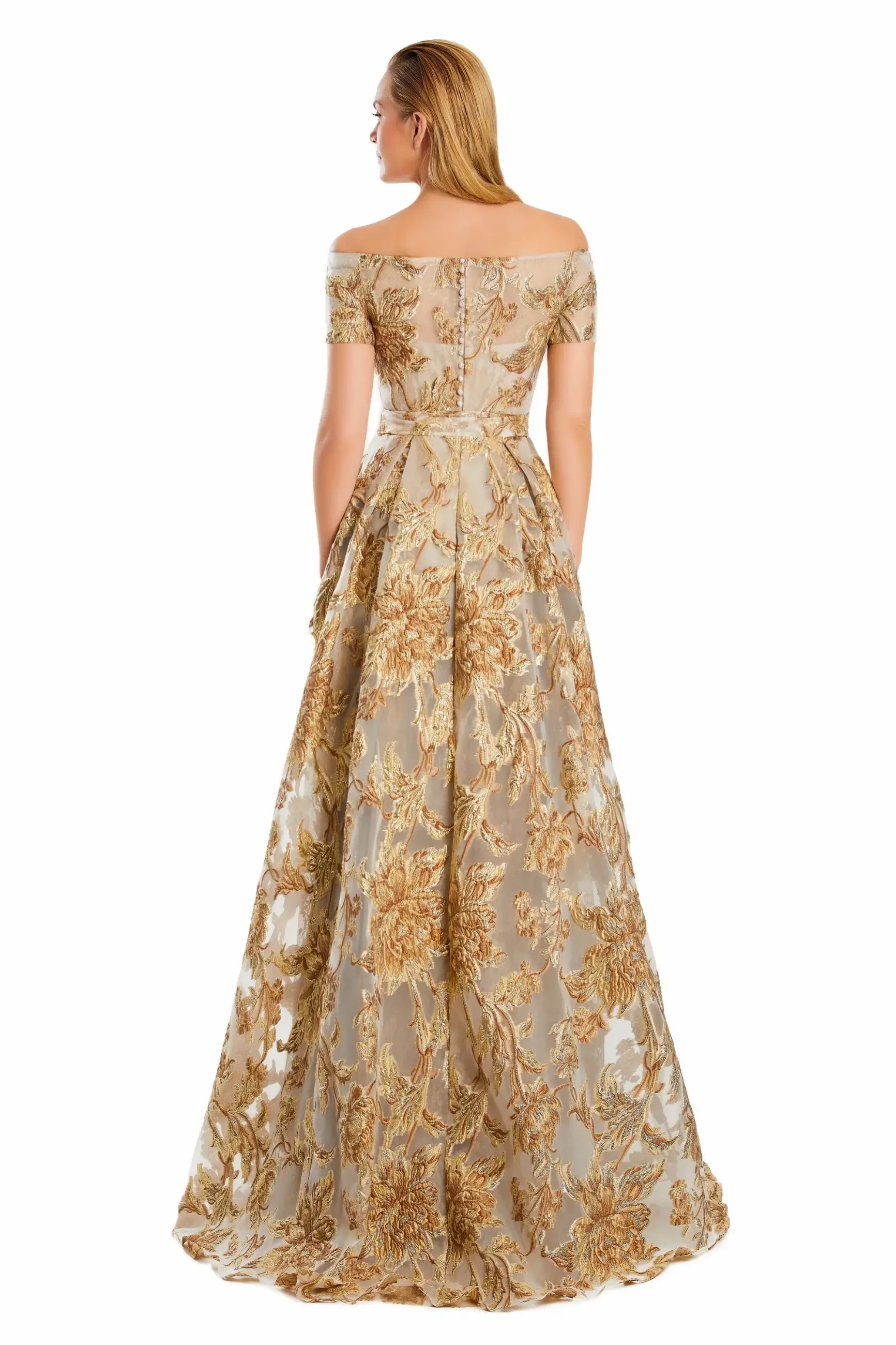 model is wearing a cap sleeve golden mother of the bride dress