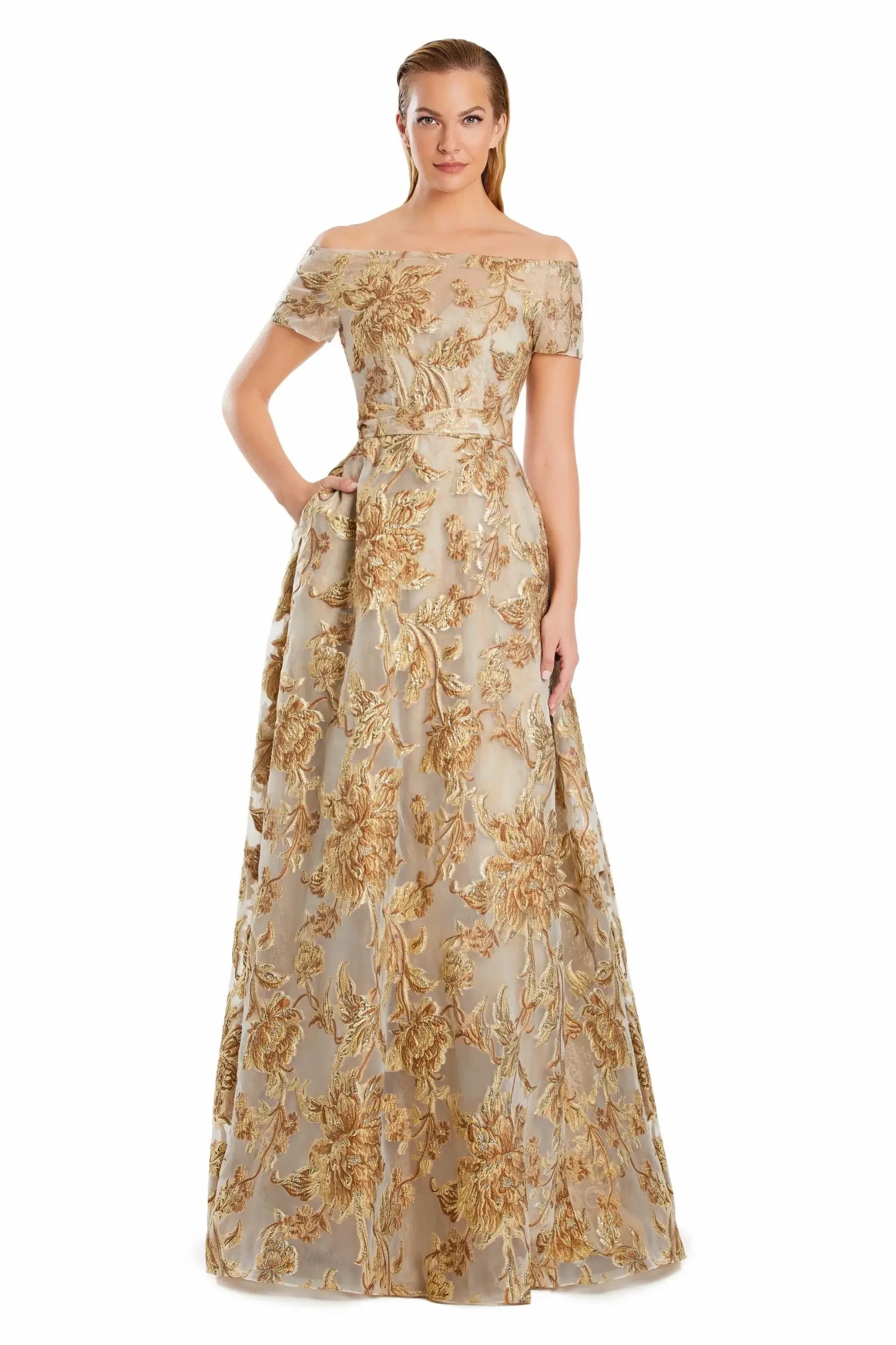 model is wearing a cap sleeve golden mother of the bride dress