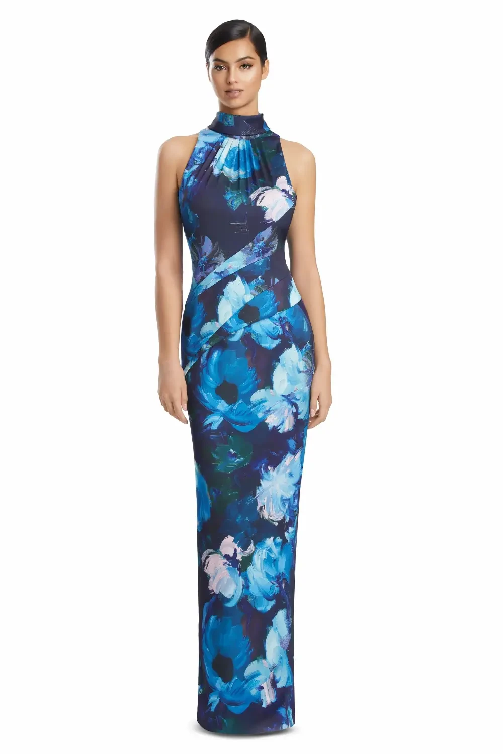 A model wearing a long, form-fitting dress with a floral pattern in shades of blue and purple, featuring a high neckline.