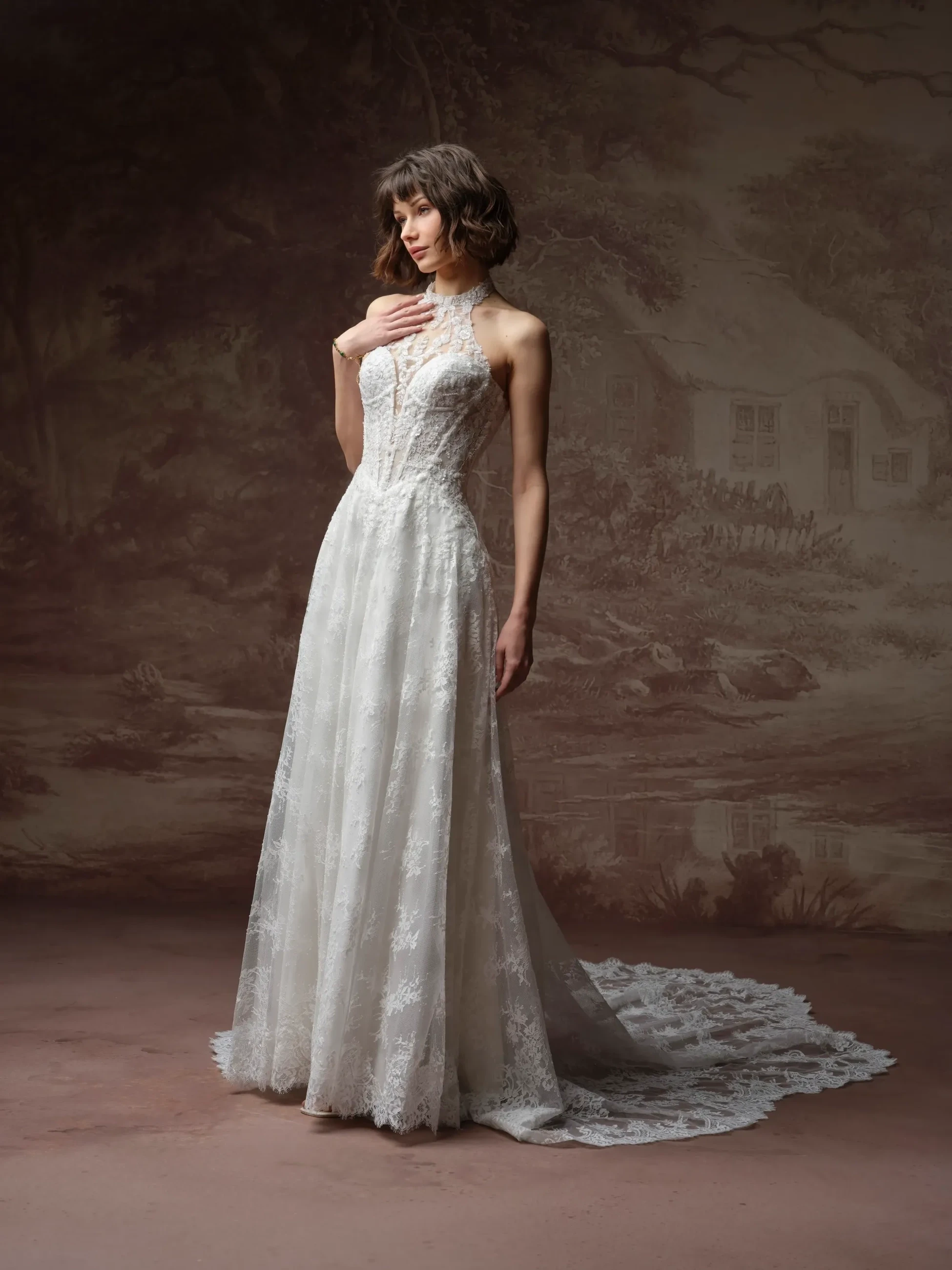 Model wearing a white gown