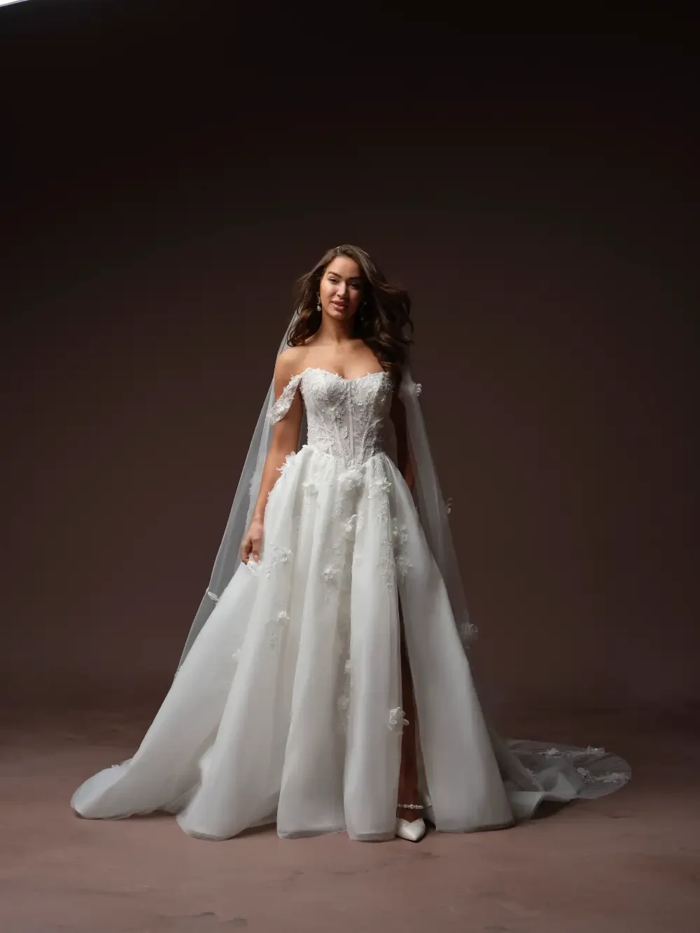 A woman wearing an elegant white wedding gown with floral details and a long veil, standing against a dark background.