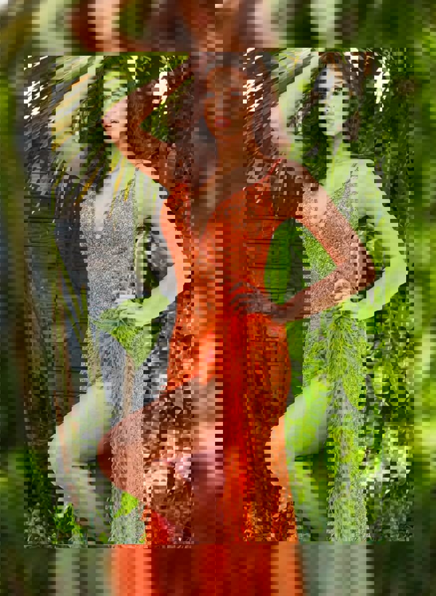 Model wearing a pageant dress